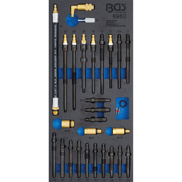 BGS 6960 Werkstattwageneinlage 1/3: Adapter-Satz für Kompressions- und Druckverlusttester | 30-tlg.