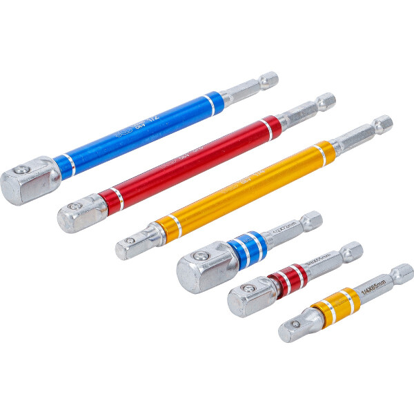 BGS 74424 Adapter-Satz für Bohrmaschinen | farbig | Antrieb Außensechskant 6,3 mm (1/4") | Abtrieb Außenvierkant 6,3 mm (1/4"), 10 mm (3/8"), 12,5 mm (1/2") | 75 - 150 mm | 6-tlg.