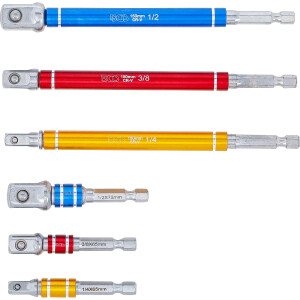 BGS 74424 Adapter-Satz für Bohrmaschinen | farbig | Antrieb Außensechskant 6,3 mm (1/4") | Abtrieb Außenvierkant 6,3 mm (1/4"), 10 mm (3/8"), 12,5 mm (1/2") | 75 - 150 mm | 6-tlg.