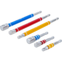 BGS 74424 Adapter-Satz für Bohrmaschinen | farbig | Antrieb Außensechskant 6,3 mm (1/4") | Abtrieb Außenvierkant 6,3 mm (1/4"), 10 mm (3/8"), 12,5 mm (1/2") | 75 - 150 mm | 6-tlg.