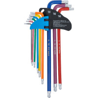 BGS 74465 Winkelschlüssel-Satz | Multicolour | extra lang | T-Profil (für Torx) mit Bohrung und Kugelkopf T10 - T50 | 9-tlg.