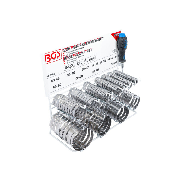 BGS 8095 Schlauchklemmen-Sortiment | rostfrei | auf Tafel | 111-tlg.