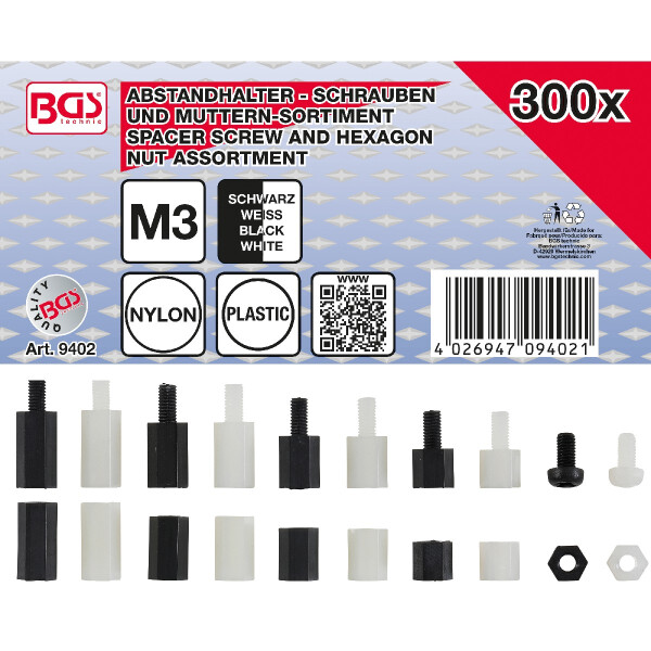 BGS 9402 Abstandhalter-Schrauben und Sechskant-Muttern-Sortiment | Nylon | 300-tlg.