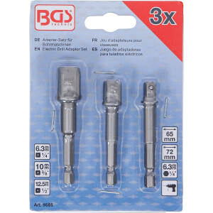 BGS 9685 Adapter-Satz für Bohrmaschinen | Außensechskant Antrieb 6,3 mm (1/4") | Abtrieb Außenvierkant 6,3 mm (1/4"), 10 mm (3/8"), 12,5 mm (1/2") | 3-tlg.