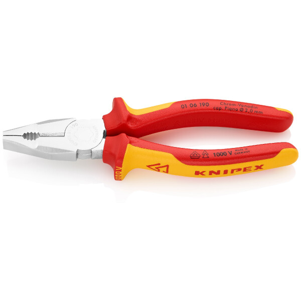 KNIPEX 01 06 190 Kombizange Chrom-Vanadin isoliert mit Mehrkomponenten-Hüllen, VDE-geprüft verchromt 190 mm