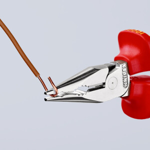 KNIPEX 08 26 145 T Spitz-Kombizange isoliert mit Mehrkomponenten-Hüllen, VDE-geprüft; mit integrierter isolierter Befestigungsöse zum Anbringen einer Absturzsicherung verchromt 145 mm