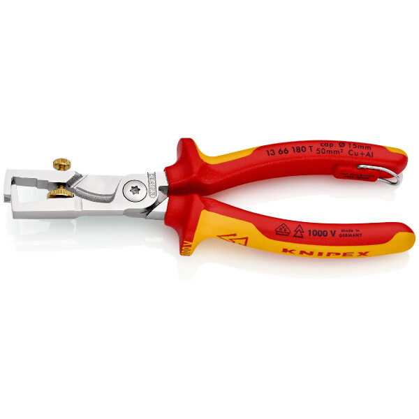 KNIPEX 13 66 180 T StriX® Abisolierzangen mit Kabelschere isoliert mit Mehrkomponenten-Hüllen, VDE-geprüft; mit integrierter isolierter Befestigungsöse zum Anbringen einer Absturzsicherung verchromt 180 mm