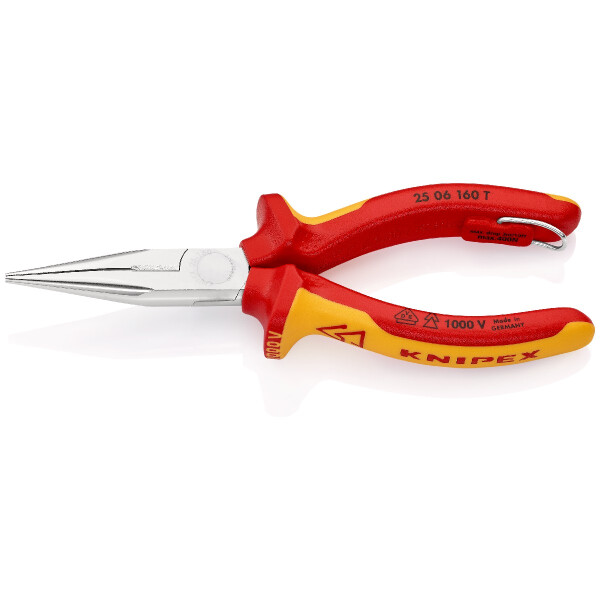 KNIPEX 25 06 160 T BK Flachrundzange mit Schneide (Radiozange) isoliert mit Mehrkomponenten-Hüllen, VDE-geprüft verchromt 160 mm