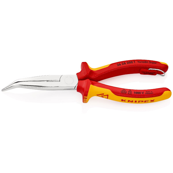 KNIPEX 26 26 200 T Flachrundzange mit Schneide (Storchschnabelzange) isoliert mit Mehrkomponenten-Hüllen, VDE-geprüft; mit integrierter isolierter Befestigungsöse zum Anbringen einer Absturzsicherung verchromt 200 mm
