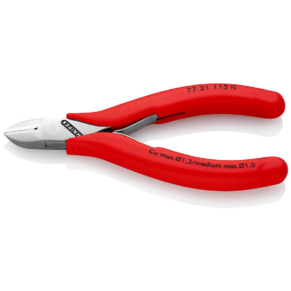 KNIPEX 77 21 115 N Elektronik-Seitenschneider mit durchgestecktem Gelenk mit rutschhemmenden Kunststoff-Hüllen 115 mm