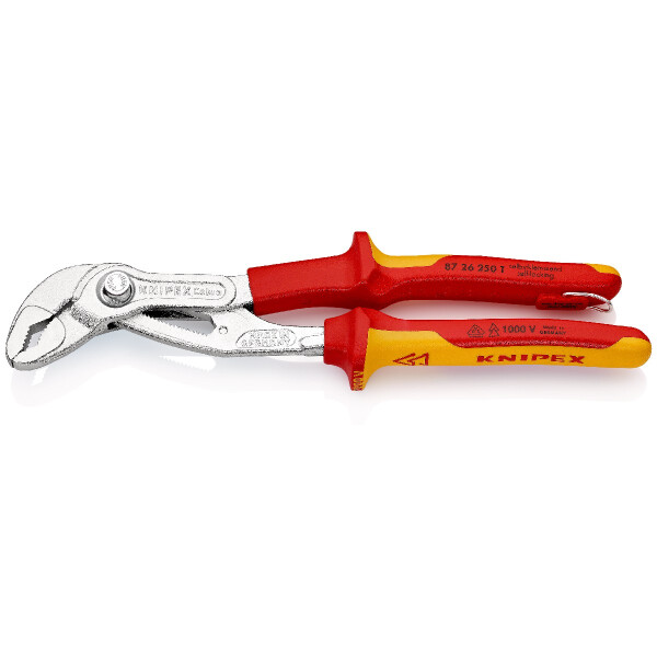 KNIPEX 87 26 250 T Cobra® VDE Hightech-Wasserpumpenzange, isoliert isoliert mit Mehrkomponenten-Hüllen und integrierter Befestigungsöse, VDE-geprüft verchromt 250 mm