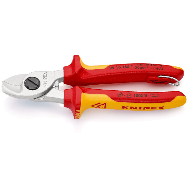 KNIPEX 95 16 165 T Kabelschere isoliert mit Mehrkomponenten-Hüllen, VDE-geprüft; mit integrierter isolierter Befestigungsöse zum Anbringen einer Absturzsicherung verchromt 165 mm