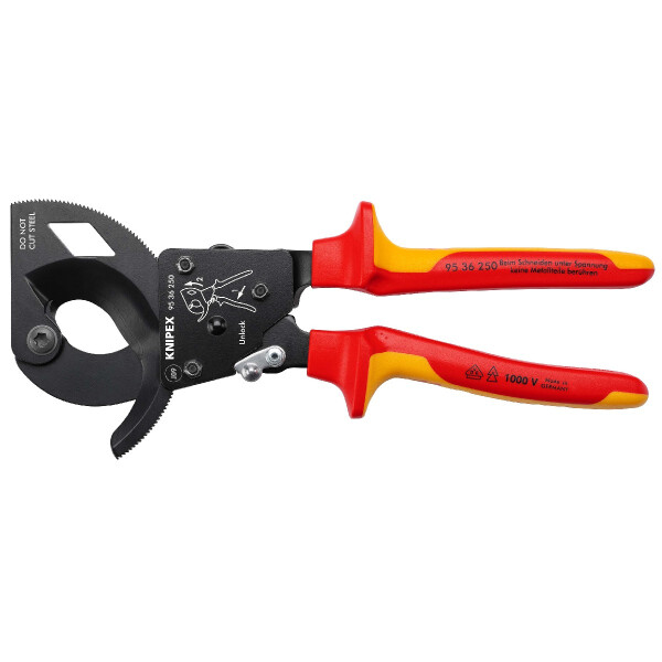 KNIPEX 95 36 250 Kabelschneider (Ratschenprinzip) isoliert mit Mehrkomponenten-Hüllen, VDE-geprüft schwarz atramentiert 250 mm