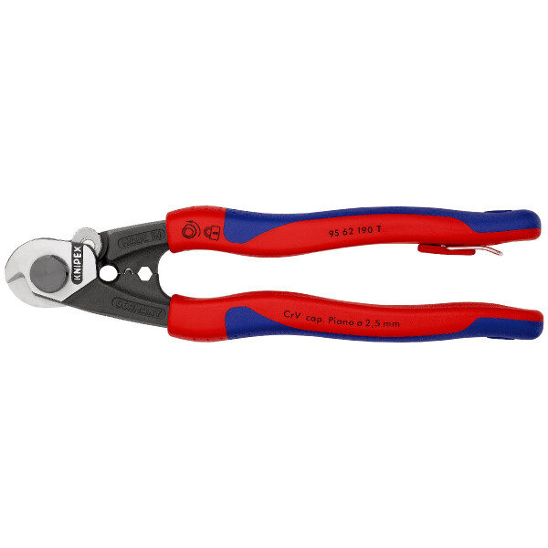 KNIPEX 95 62 190 T BK Drahtseilschere geschmiedet mit Mehrkomponenten-Hüllen, mit integrierter Befestigungsöse zum Anbringen einer Absturzsicherung 190 mm