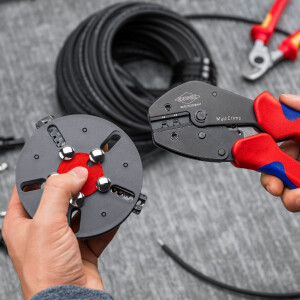 KNIPEX 97 33 03 MultiCrimp® Crimpzange mit Wechselmagazin mit Mehrkomponenten-Hüllen brüniert 250 mm
