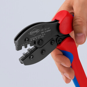 KNIPEX 97 52 42 SB PreciForce® Crimpzange für MC4®-/MC4® Evo 2-Steckverbinder mit rutschhemmenden Kunststoff-Hüllen brüniert 220 mm