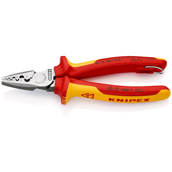 KNIPEX 97 78 180 T Crimpzange für Aderendhülsen isoliert mit Mehrkomponenten-Hüllen, VDE-geprüft; mit integrierter isolierter Befestigungsöse zum Anbringen einer Absturzsicherung 180 mm