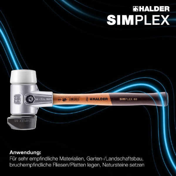 SIMPLEX-Schonhammer, Gummikomposition mit Standfuß / Superplastik; mit Aluminiumgehäuse und hochwertigem Holzstiel | D=60 mm | 3127.260