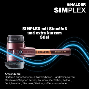 SIMPLEX-Schonhammer, Gummikomposition, mit Standfuß; mit Tempergussgehäuse und hochwertigem extra kurzen Holzstiel | D=80 mm / Stielausführung=extra kurz | 3022.282