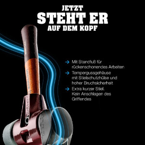SIMPLEX-Schonhammer, Gummikomposition, mit Standfuß / TPE-mid; mit Tempergussgehäuse und hochwertigem extra kurzen Holzstiel | D=60 mm / Stielausführung=extra kurz | 3023.262
