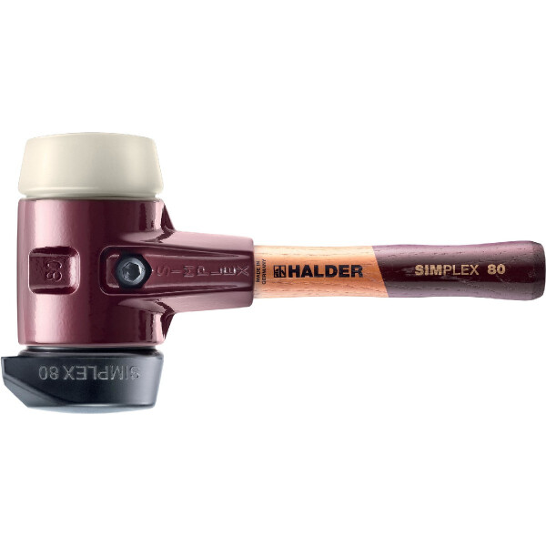 SIMPLEX-Schonhammer, Gummikomposition, mit Standfuß / Nylon; mit Tempergussgehäuse und hochwertigem extra kurzen Holzstiel | D=80 mm / Stielausführung=extra kurz | 3028.282