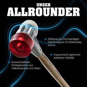 BASEPLEX-Schonhammer, Celluloseacetat / Celluloseacetat mit Zinkdruckguss-Gehäuse und Holzstiel | D=25 mm | 3906.025