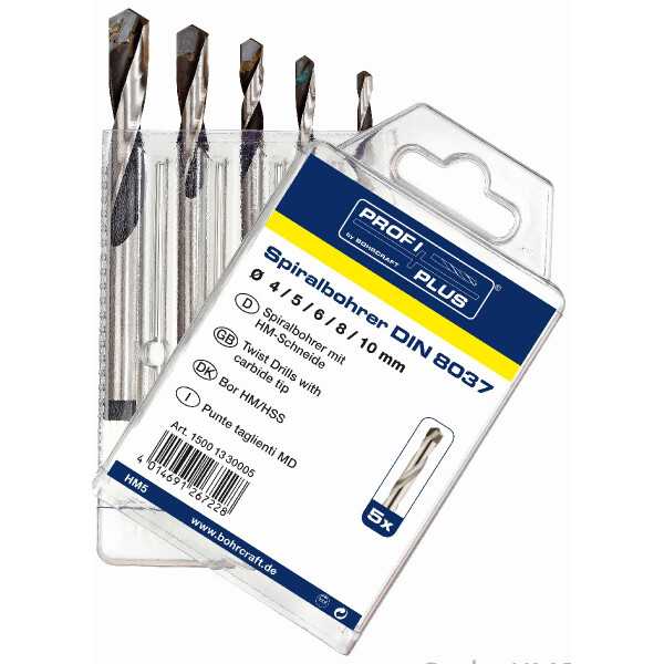 Bohrcraft Spiralbohrer extra kurz HM5 DIN8037 HM Bohrer P-PLUS // 4-5-6-8-10/5-tlg.