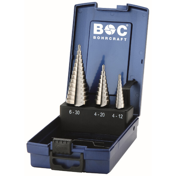 Bohrcraft Stufenbohrer gerade Nut STB3-K HSS Stufenb. ABS // Gr. 1 - 2A - 3A /3-tlg.