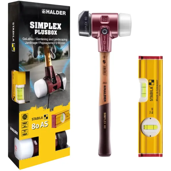 Aktionsbox, SIMPLEX-Schonhammer D60, Gummikomposition mit Standfuß / Superplastik plus STABILA Wasserwaage | 3027s024