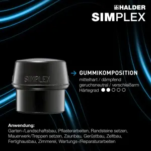 SIMPLEX-Schonhammer, Gummikomposition / Superplastik; mit Tempergussgehäuse und hochwertigem extra kurzen Holzstiel | D=80 mm / Stielausführung=extra kurz | 3027.082