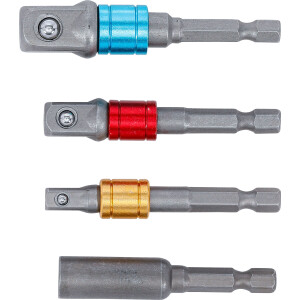 BGS Diy 20814 Adapter-Satz für Bohrmaschinen | farbig | Antrieb Außensechskant 6,3 mm (1/4") | Abtrieb Außenvierkant 6,3 mm (1/4"), 10 mm (3/8"), 12,5 mm (1/2"), Innensechskant 6,3 mm (1/4") | 4-tlg.