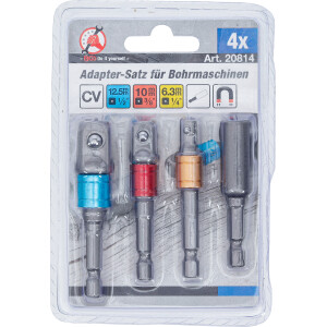 BGS Diy 20814 Adapter-Satz für Bohrmaschinen | farbig | Antrieb Außensechskant 6,3 mm (1/4") | Abtrieb Außenvierkant 6,3 mm (1/4"), 10 mm (3/8"), 12,5 mm (1/2"), Innensechskant 6,3 mm (1/4") | 4-tlg.