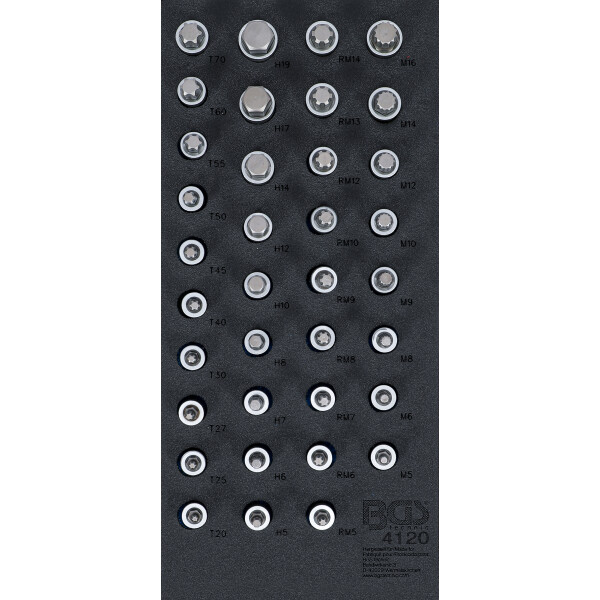 BGS 4120 Werkstattwageneinlage 1/3: Bit-Einsatz-Satz | Antrieb Innenvierkant 12,5 mm (1/2") | Innensechskant, T-Profil (für Torx), Innenvielzahn (für XZN), Keil-Profil (für RIBE) | 36-tlg.