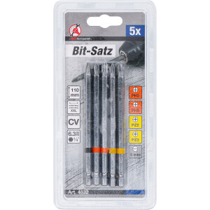 BGS Diy 4832 Bit-Satz | Antrieb Außensechskant 6,3 mm (1/4") | Kreuzschlitz PH, Kreuzschlitz PZ, Schlitz | Länge 110 mm | 5-tlg.