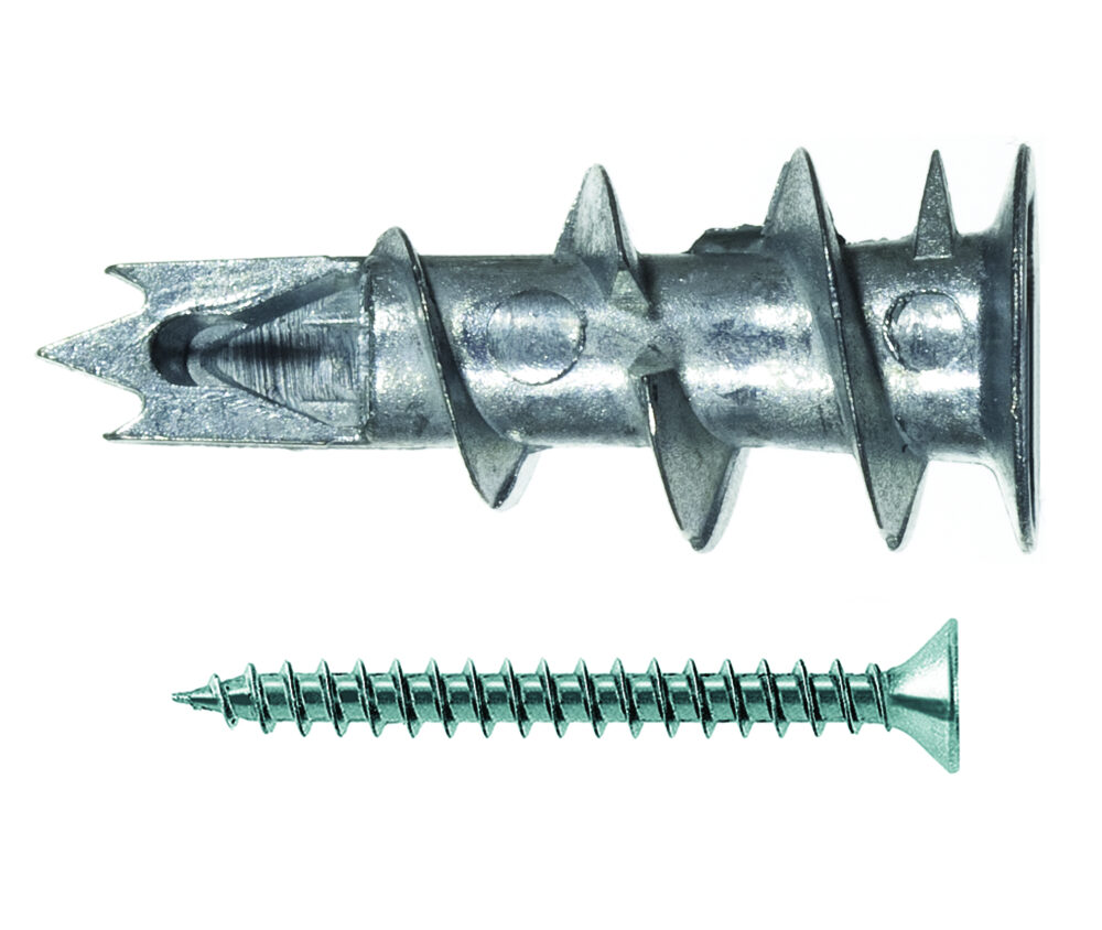 Der fischer Gipskartondübel GKM 12 mit Schraube ist aus Metall gefertigt. Der Dübel wird in der Vorsteckmontage mit einem Akku-Schrauber oder