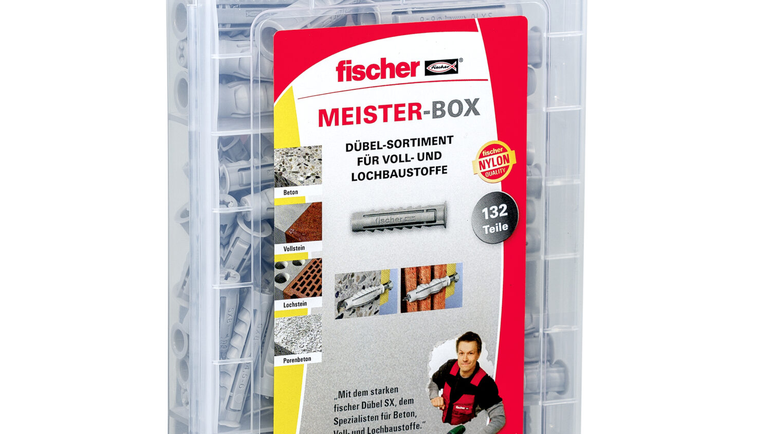 Die fischer Meister-Box SX-Dübel enthält vorsortiert 60 Spreizdübel SX 6 x 30, 60 Spreizdübel SX 8 x 40 und 12 Spreizdübel SX10 x 50...
