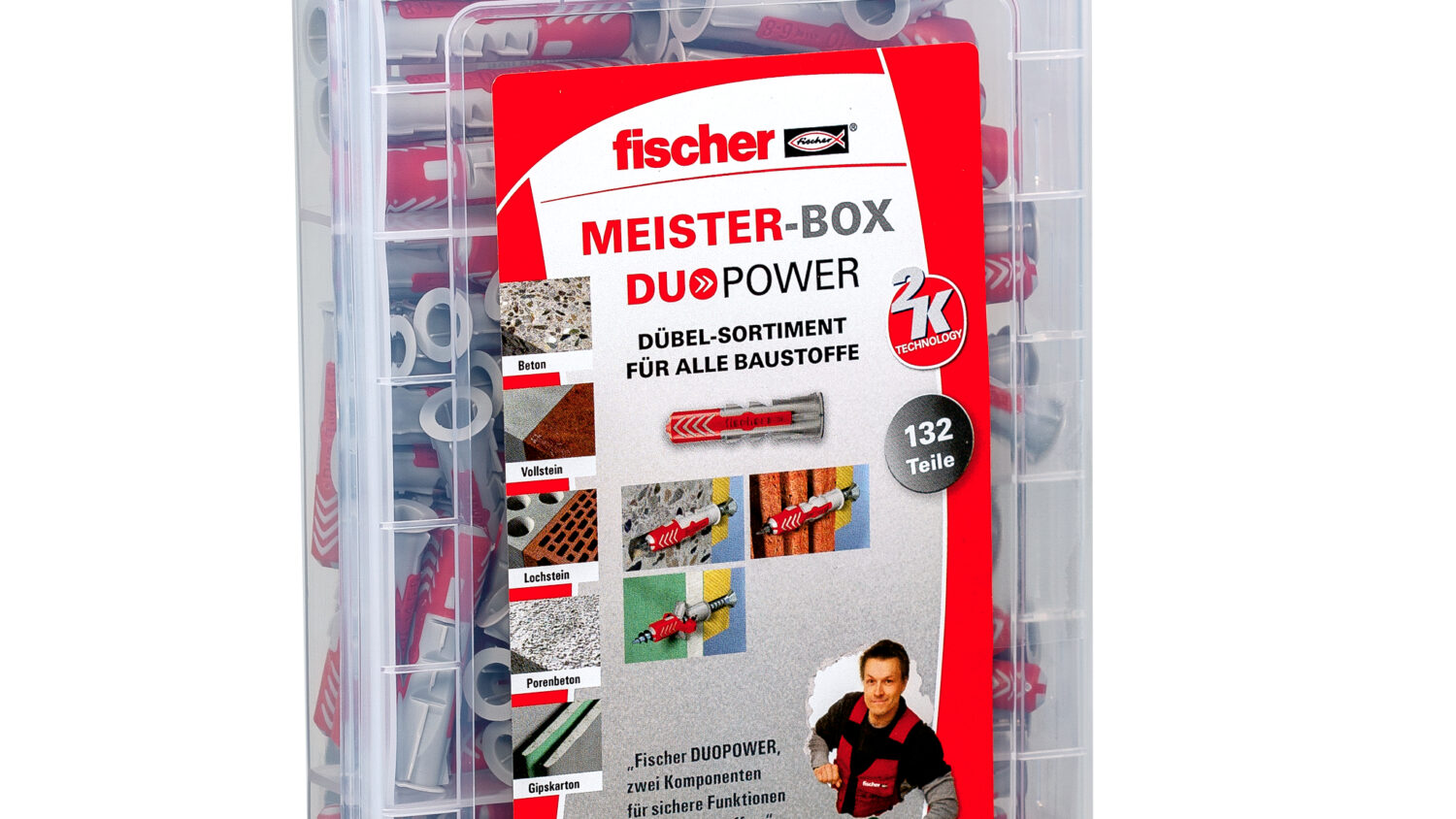 Die fischer Meister-Box DuoPower enthält vorsortiert 60 DuoPower 6 x 30, 60 DuoPower 8 x 40 sowie 12 DuoPower 10 x 50. Die aus hochwertigem
