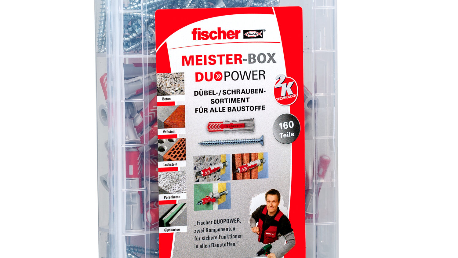 Die fischer Meister-Box DuoPower mit Schrauben enthält vorsortiert 50 DuoPower 6 x 30, 30 DuoPower 8 x 40 sowie 50 Spanplattenschrauben...