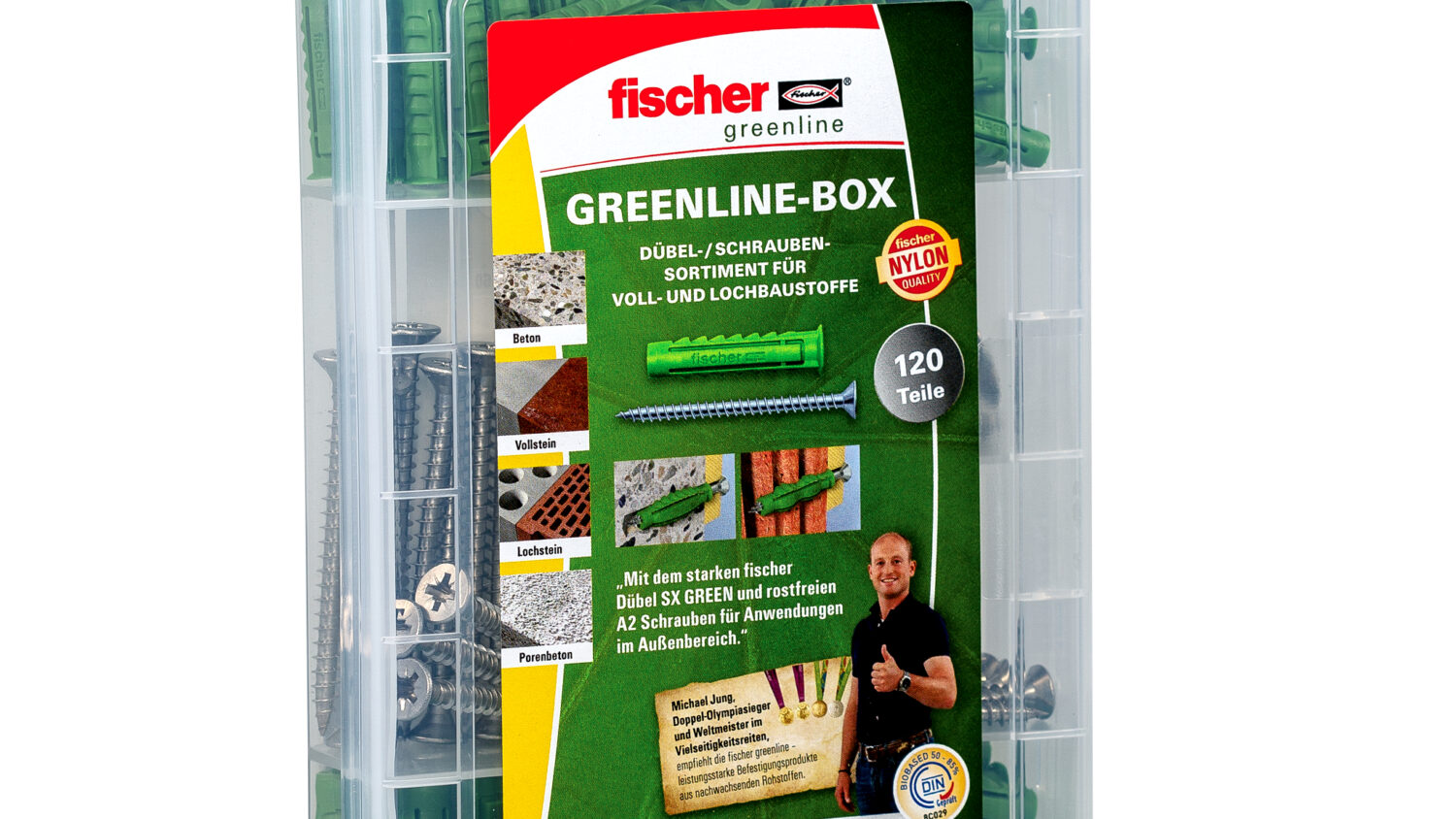 Die fischer Greenline-Box bestehend aus Dübel SX Green in den Größen 6 und 8 sowie passenden Edelstahlschrauben A2 ermöglichen Befestigungen