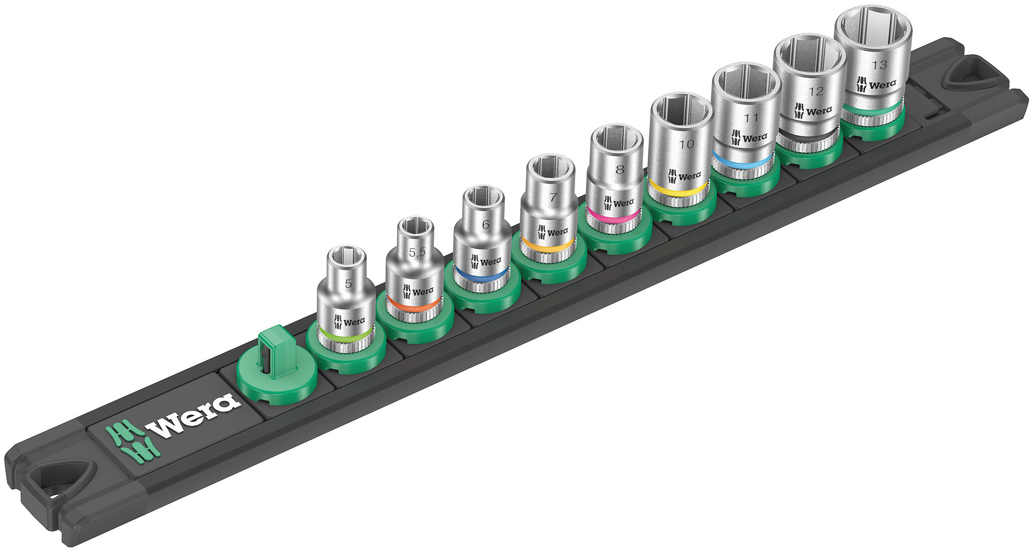 Die Wera Nuss-Magnetleiste A 4 mit 9 Hand- und Maschinensteckschlüssel-Einsätzen (non-impact), 1/4". Ein leichtgängiger Drehmechanismus sorgt