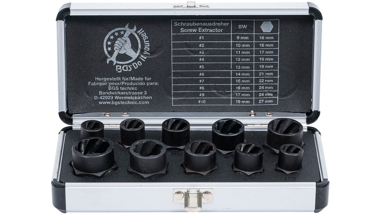 BGS 20210 Spiral-Profil-Steckschlüssel-Satz / Schraubenausdreher | Antrieb Innensechskant 10 mm (3/8") / Außensechskant | SW 9 - 19 mm | 10-tlg.