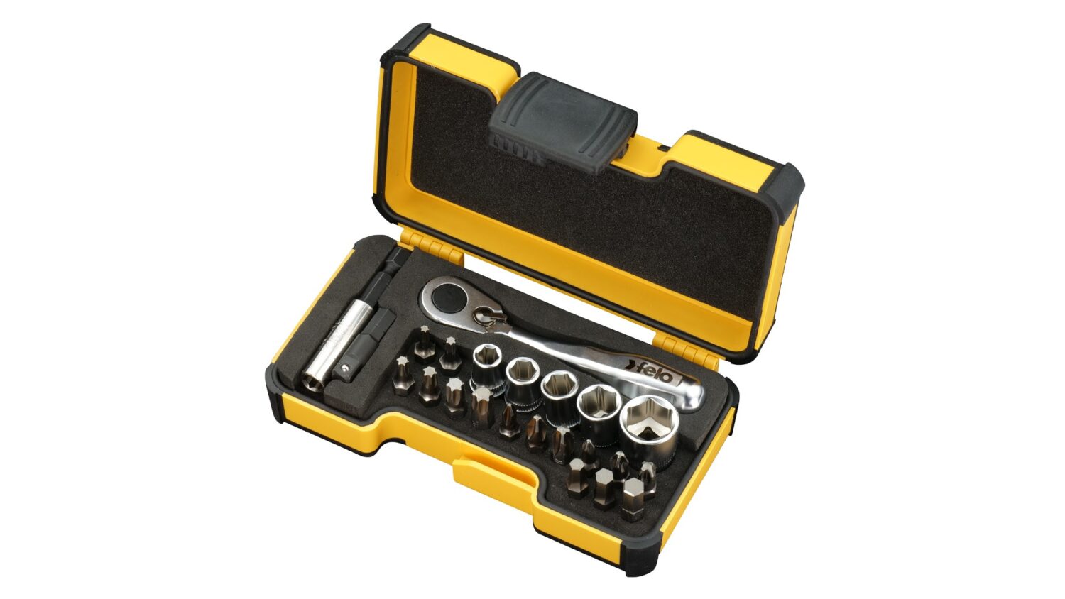 Felo XS-Strongbox XS 23 1/4" 23-tlg. PH/PZ/HEX/TORX®/SW/MS/BH Felo - XS 23 - Werkzeugsatz 1/4" mit Miniratsche, Steckschlüsseleinsätzen und Zubehör in XS-Strongbox, 23-tlg.