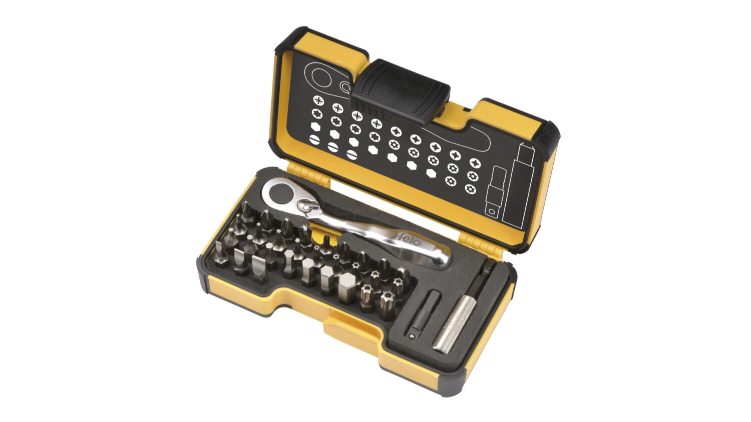 Felo XS-Strongbox XS 33 1/4" 33-tlg. SL/PH/PZ/HEX/TORX®/TORX®TR/MS/BH Felo - XS 33 - Werkzeugsatz 1/4" mit Miniratsche, Bits und Zubehör in XS-Strongbox, 33-tlg.