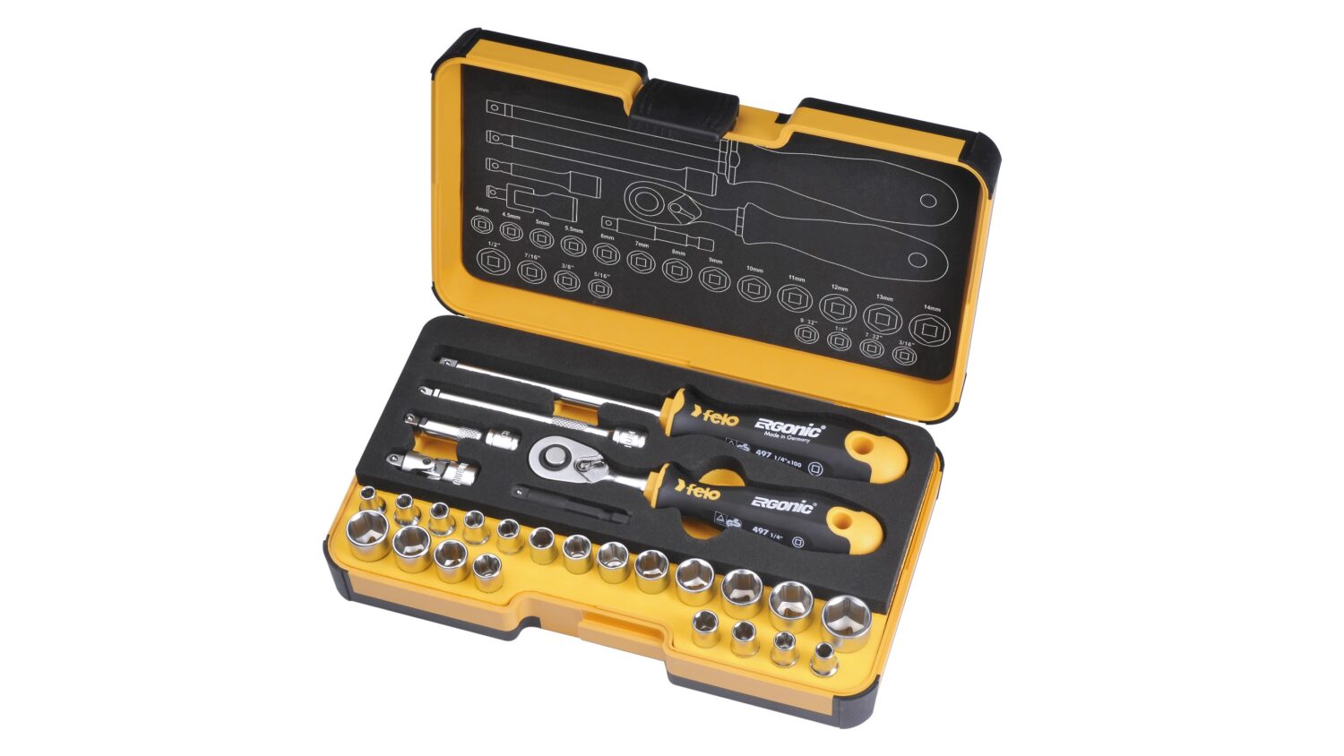 Felo XL-Strongbox "R-GO 27" 1/4" 27-tlg. SW/MS/ND Felo - "R-GO 27" - Werkzeugsatz 1/4" mit ERGONIC Ratsche, Steckschlüsseleinsätzen (Inch und metrisch) und Zubehör in XL-Strongbox, 27-tlg.