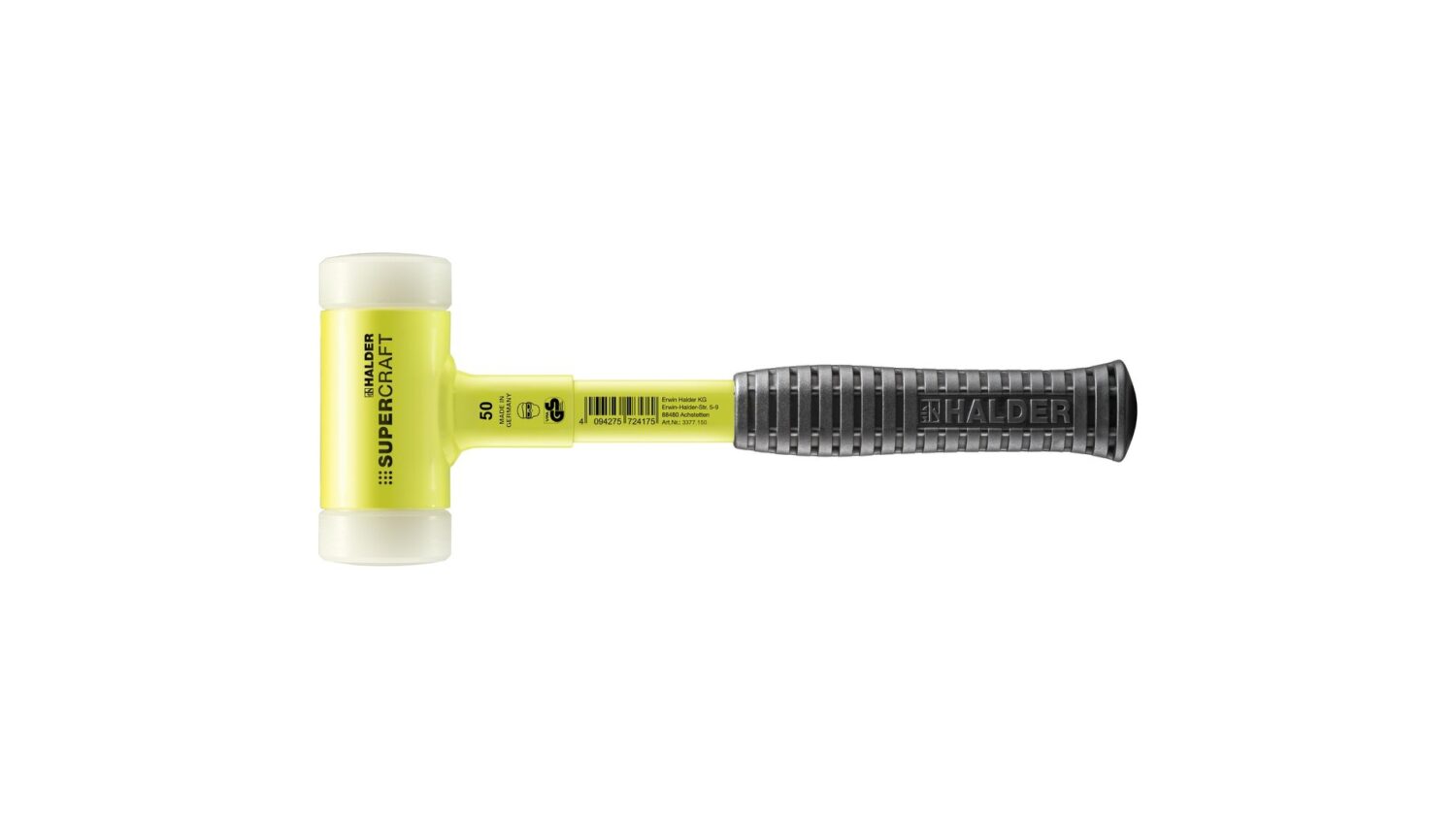 SUPERCRAFT-Schonhammer, mit bruchsicherem Stahlrohrstiel, gelb-fluoreszierend beschichtet und ergonomisch geformtem, rutschsicherem Griff | D=50 mm | 3377.150