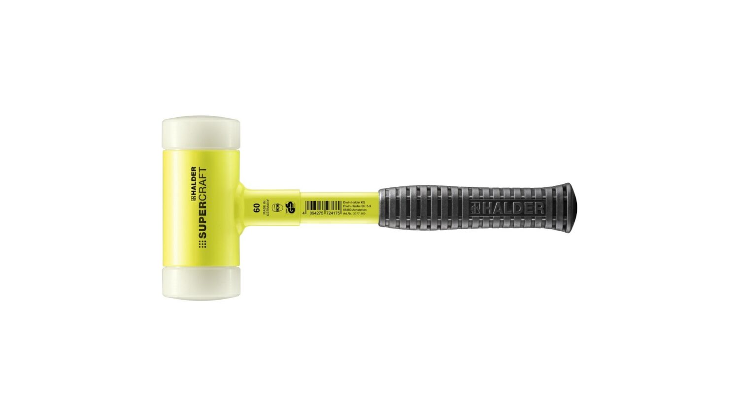 SUPERCRAFT-Schonhammer, mit bruchsicherem Stahlrohrstiel, gelb-fluoreszierend beschichtet und ergonomisch geformtem, rutschsicherem Griff | D=60 mm | 3377.160