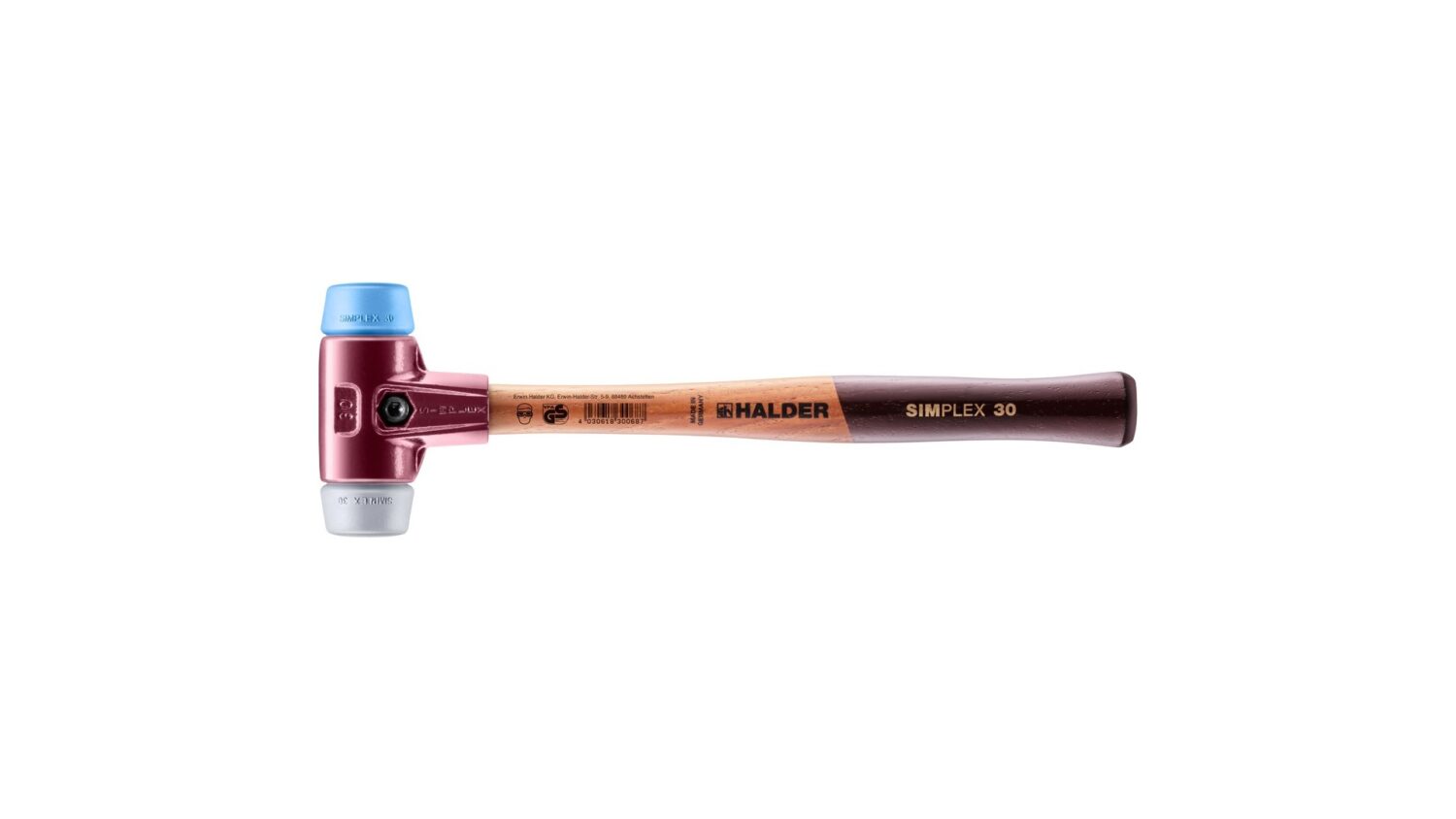 SIMPLEX-Schonhammer, TPE-soft / TPE-mid; mit Tempergussgehäuse und hochwertigem Holzstiel | D=30 mm | 3013.030