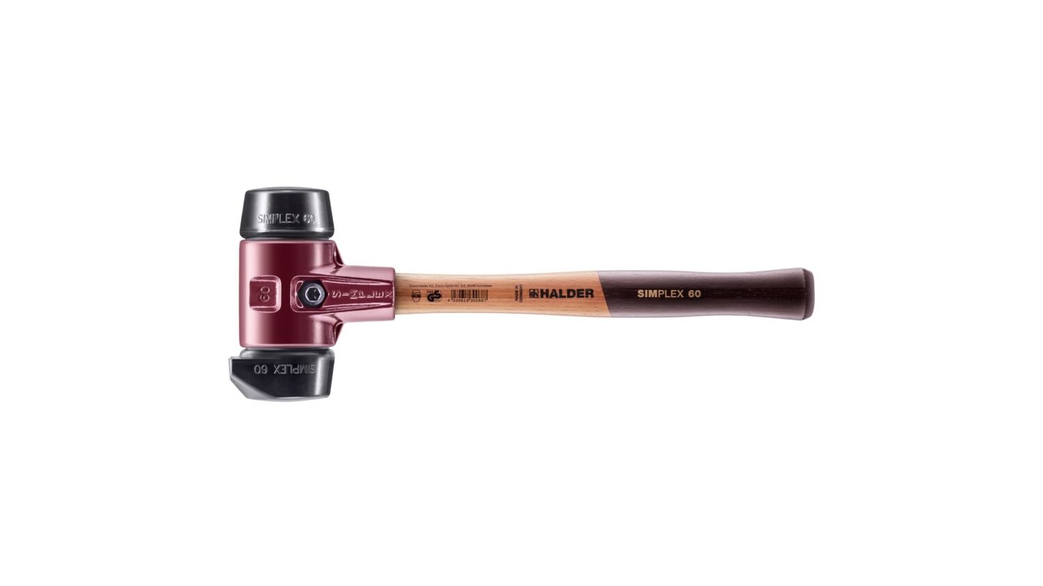 SIMPLEX-Schonhammer, Gummikomposition, mit Standfuß; mit Tempergussgehäuse und hochwertigem Holzstiel | D=60 mm | 3022.260