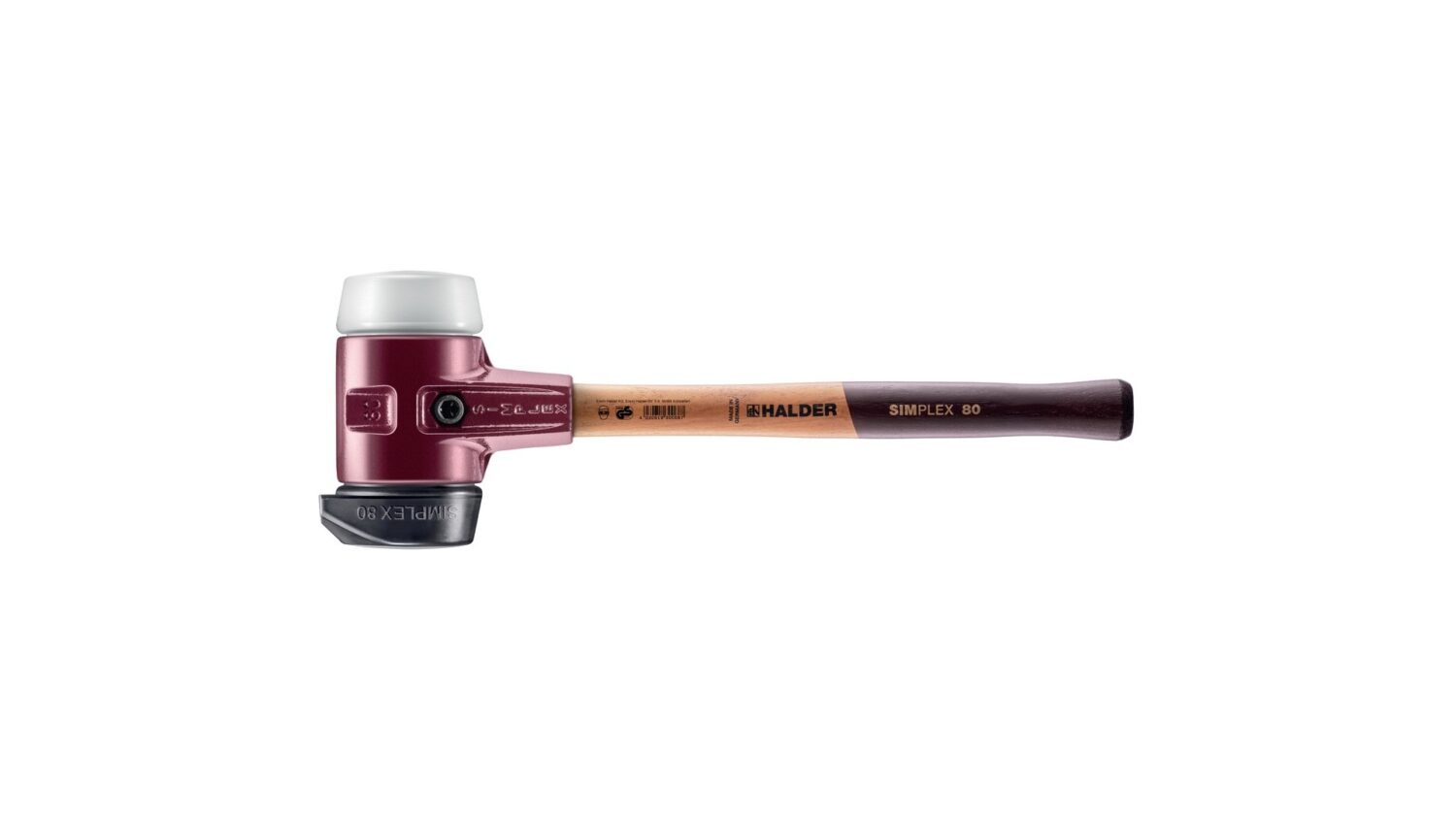 SIMPLEX-Schonhammer, Gummikomposition, mit Standfuß / Superplastik; mit Tempergussgehäuse und hochwertigem Holzstiel | D=80 mm | 3027.280