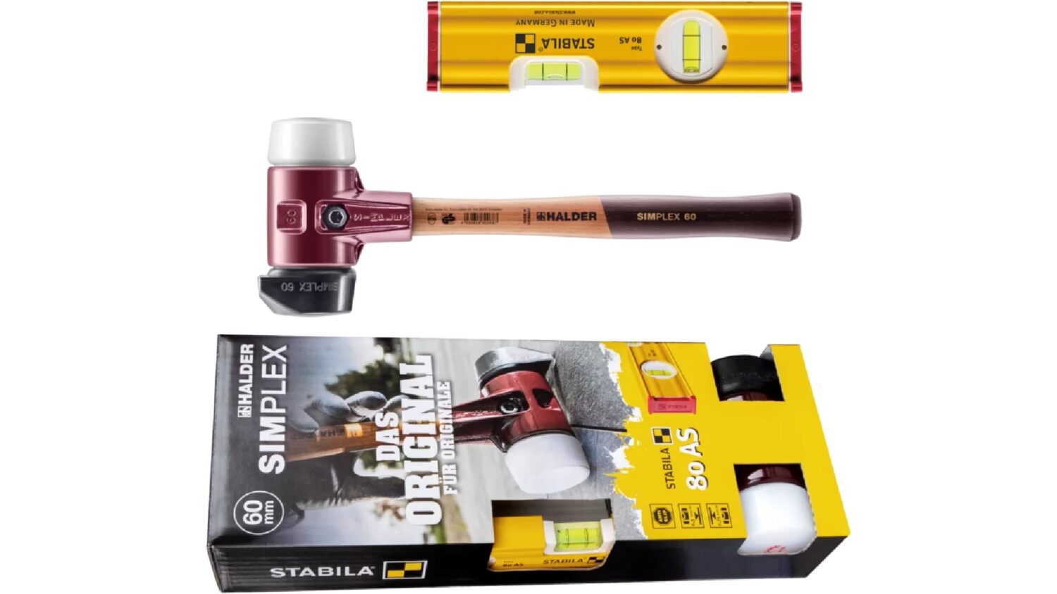 Aktionsbox SIMPLEX-Schonhammer D60, Gummikomposition mit Standfuß / Superplastik plus STABILA Wasserwaage | 3027s024